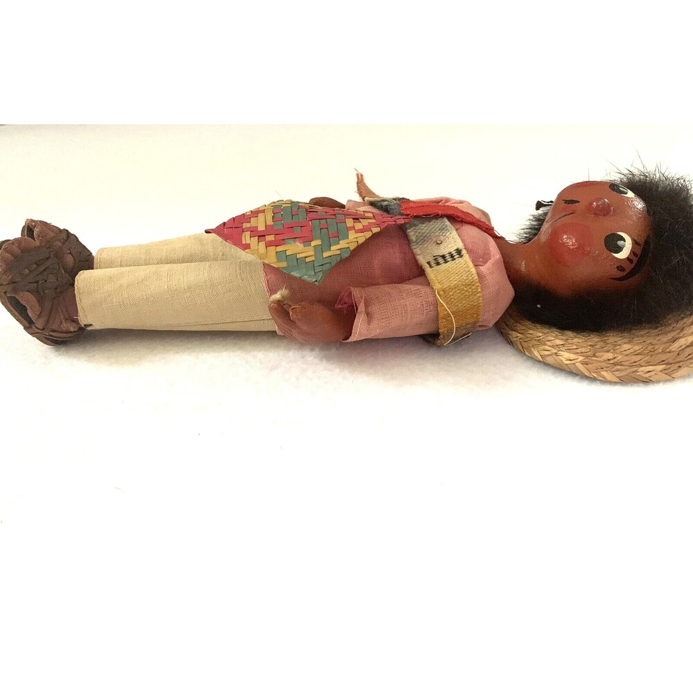 Vintage 70s Handmade Painted Mexican Boy Doll Oil Cloth 11" Folk Art Sombrero - Picture 9 of 9